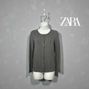 ZARA Knit, Grey Fine Knit Cardigan With Gold Buttons, Size M